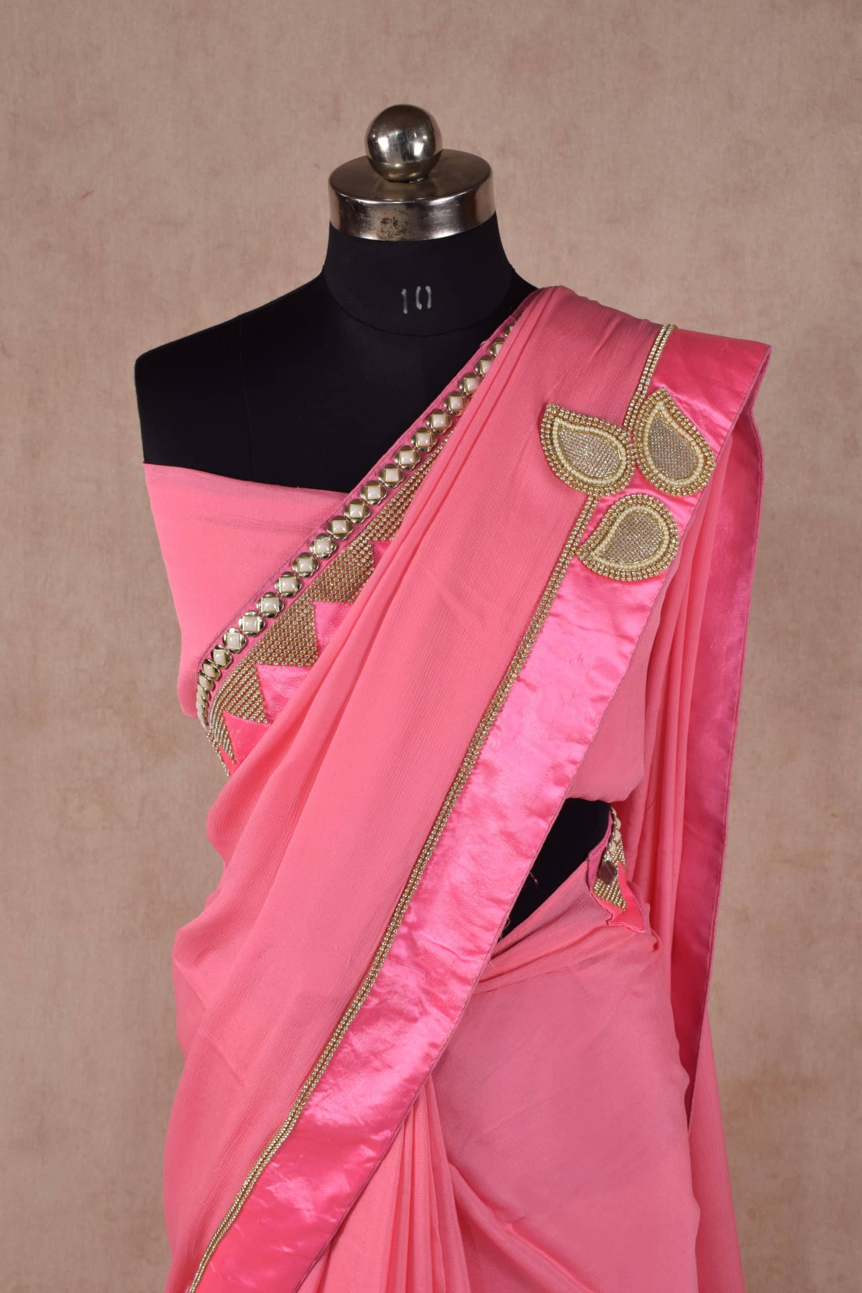 Pure crepe saree with heavy pure raw silk stone pearl work border - KANHASAREE