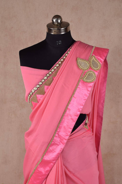 Pure crepe saree with heavy pure raw silk stone pearl work border - KANHASAREE