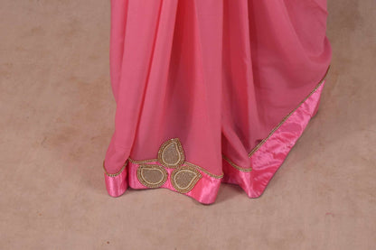 Pure crepe saree with heavy pure raw silk stone pearl work border - KANHASAREE