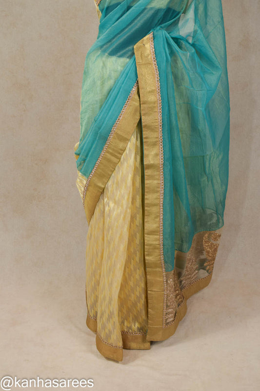 Fancy Supernet Designer Half-Half Saree with Chanderi Zari Weaving & Golden Border - Kanhasarees by ksds
