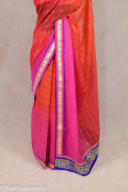 Fancy Supernet Traditional Saree in Rani Orange with Zari Checks & Blue Heavy Pallu Border - Kanhasarees by ksds