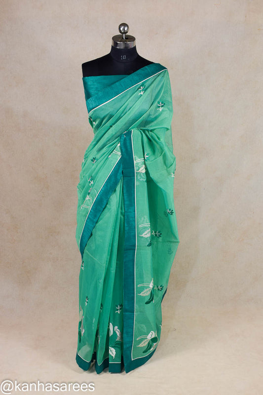 Pure Supernet Saree in Rama Green with Full Thread Embroidery & Soft Cotton Silk Border - Kanhasarees by ksds