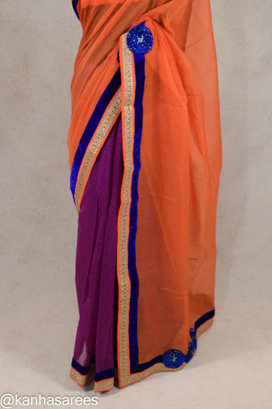 Half-Half Designer Saree with Supernet Wrapping, Kota Doria Pallu & Velvet Gota Work Border - Kanhasarees by ksds