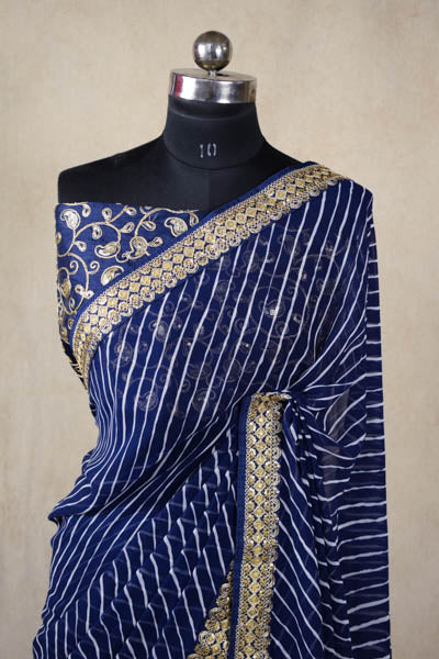 With White - Designer Georgette Leheriya Saree(blue) – Monamaar