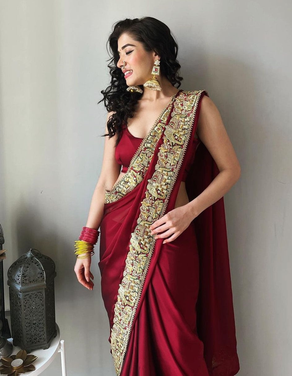 Designer red saree with sequence and thread border - KANHASAREE