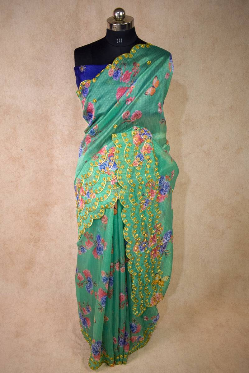 Designer organza saree with cutwork embroidery border - KANHASAREE