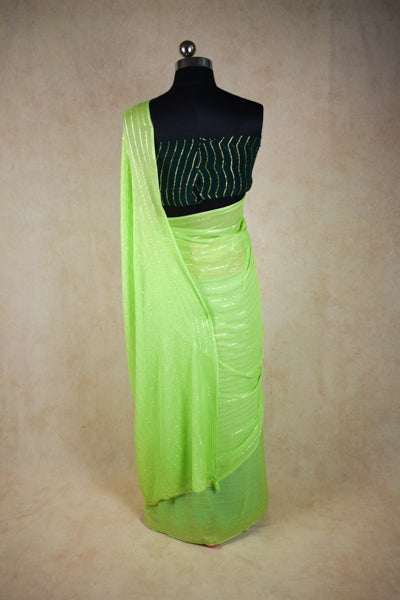 Pure georgette zari line saree in green colour - KANHASAREE