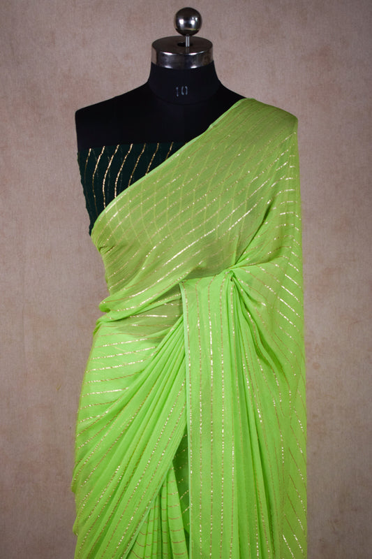 Pure georgette zari line saree in green colour - Kanhasarees by ksds