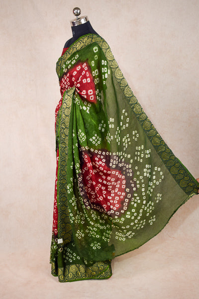 Green red jacquard bandhani saree. - KANHASAREE