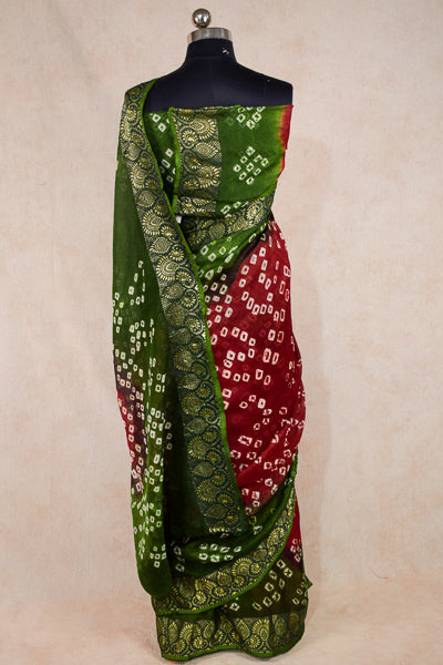 Green red jacquard bandhani saree. - KANHASAREE