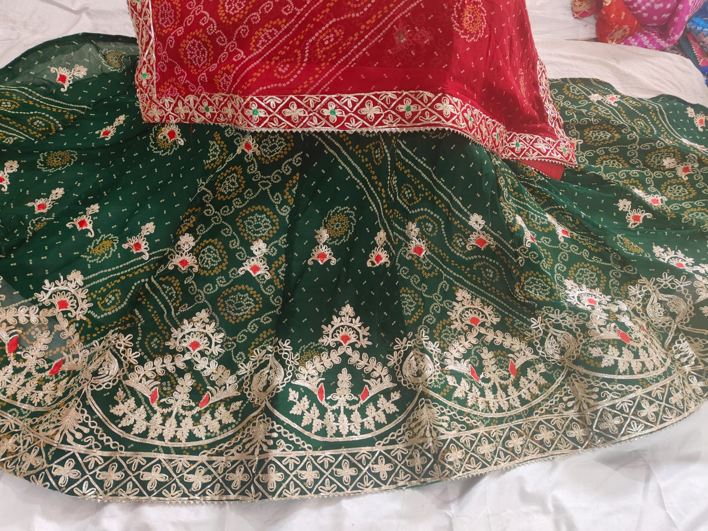 Green Red Lehenga Jaipuri Bandhani Gotapatti