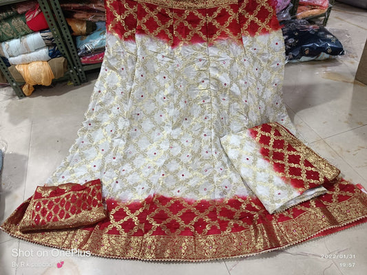 Rajasthani Bandhej Ghatchola Lehenga with Zari Checks, Silk Dupatta & Mirror Work Blouse