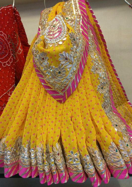 Sawan Special Leheriya Bandhej Georgette Saree with Gota Patti Work & Running Blouse