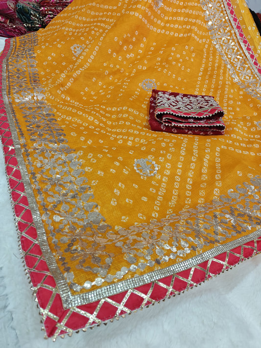 Kotta Doria Saree with Gota Patti Work, Contrast Zigzag Border & Heavy Blouse