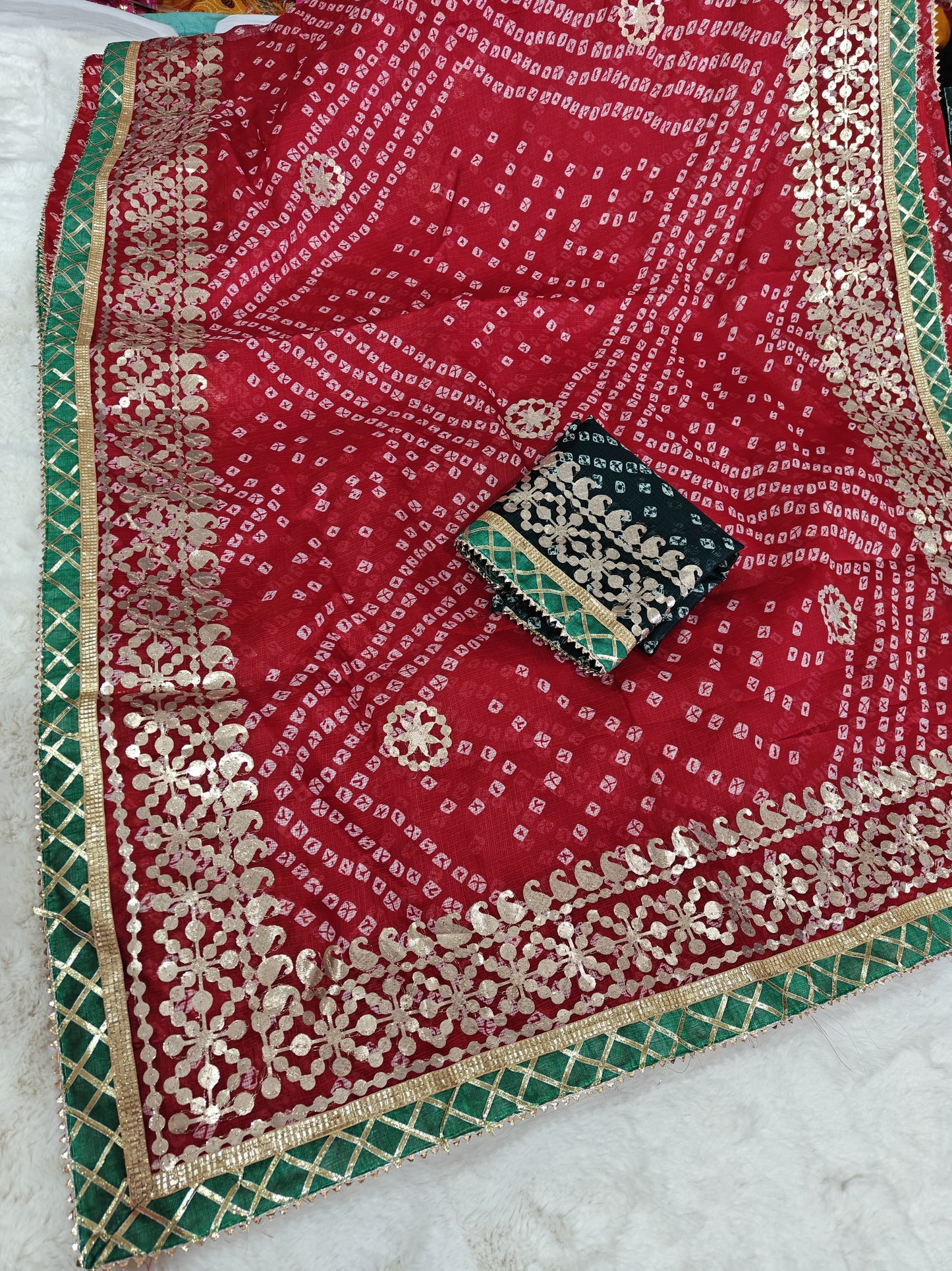 Kotta Doria Saree with Gota Patti Work, Contrast Zigzag Border & Heavy Blouse