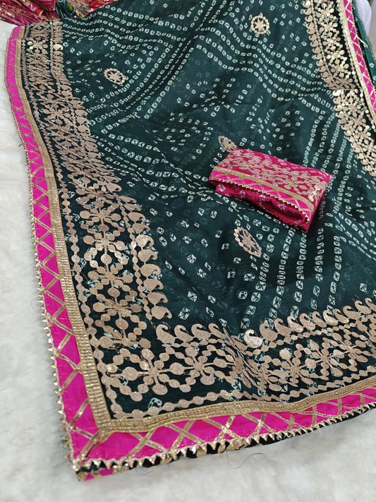 Beautiful Kota Doria Gota Patti Saree with Contrast Zigzag Border & Blouse - Kanhasarees by ksds