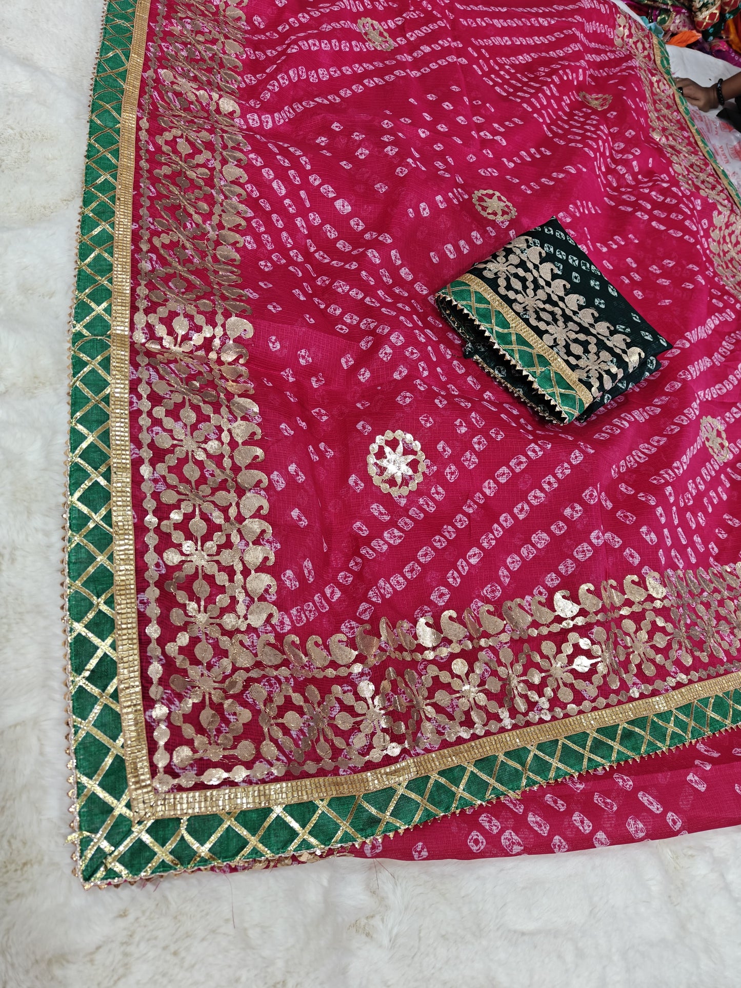 Kotta Doria Saree with Gota Patti Work, Contrast Zigzag Border & Heavy Blouse