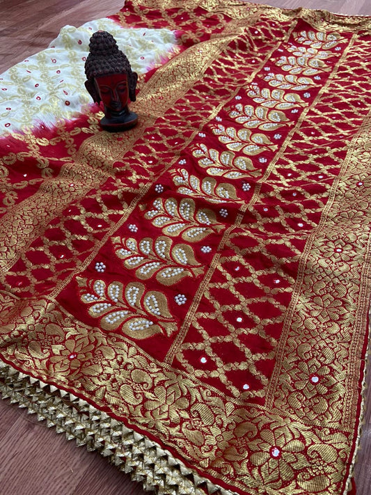 Ghadchola Banarasi Silk Saree with Heavy Zari Weaving, Mirror Work & Running Blouse