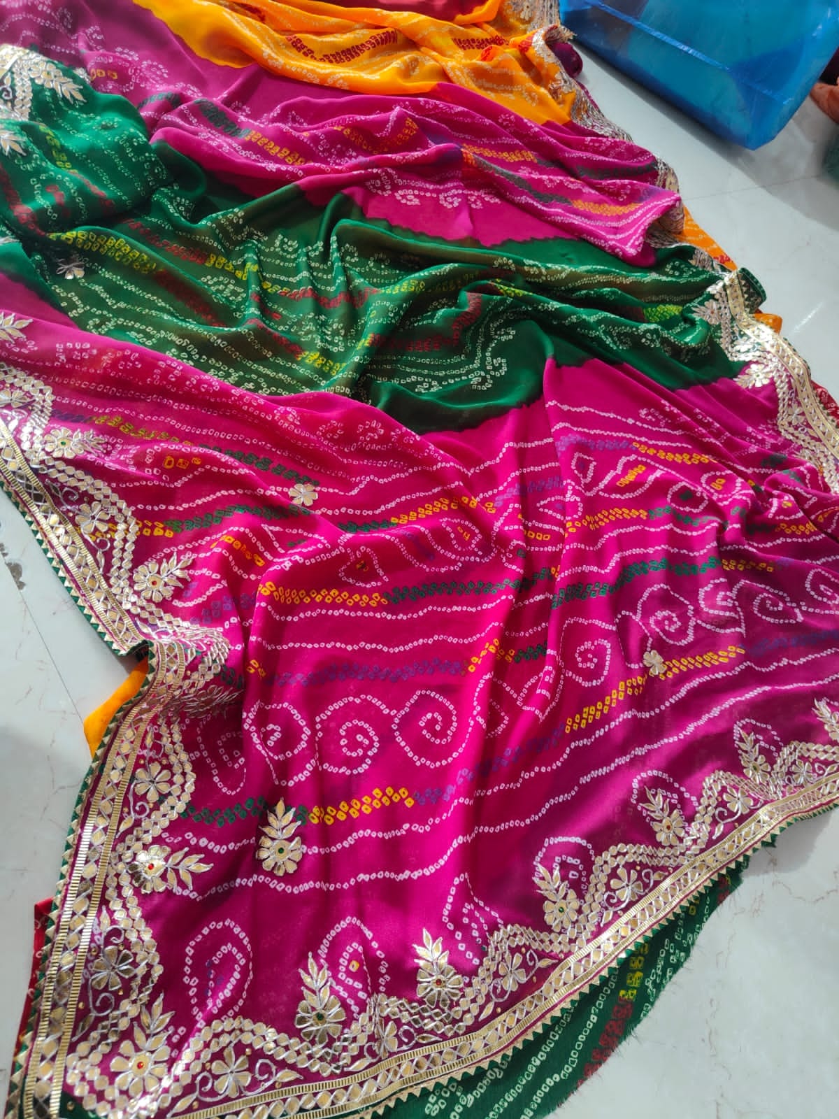 Pachrangi Gota Patti Saree in Georgette Moss Fabric with Handwork Border & Blouse