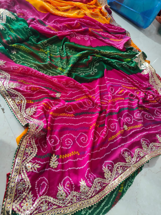 Pachrangi Gota Patti Saree in Georgette Moss Fabric with Handwork Border & Blouse