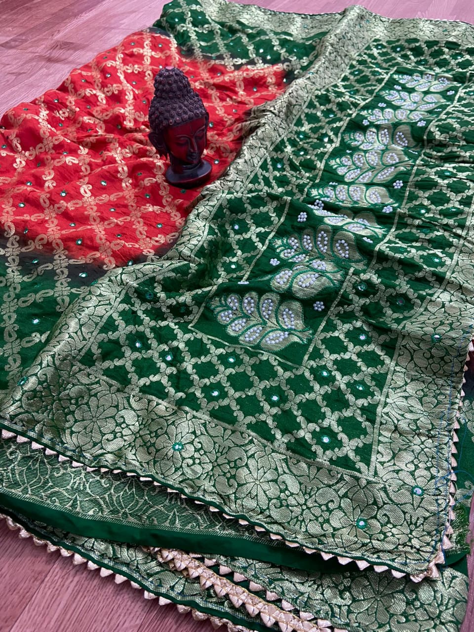 Ghadchola Banarasi Silk Saree with Heavy Zari Weaving, Mirror Work & Running Blouse