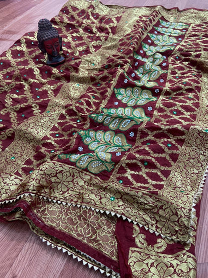 Ghadchola Banarasi Silk Saree with Heavy Zari Weaving, Mirror Work & Running Blouse