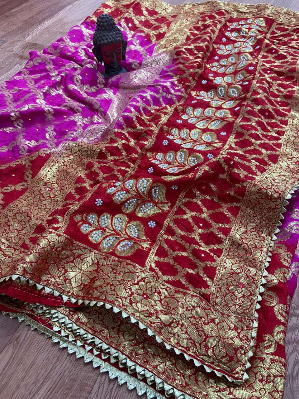 Ghadchola Banarasi Silk Saree with Heavy Zari Weaving, Mirror Work & Running Blouse