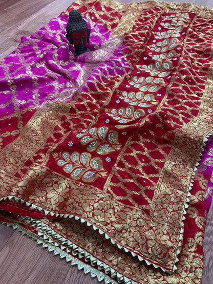 Ghadchola Banarasi Silk Saree with Heavy Zari Weaving, Mirror Work & Running Blouse