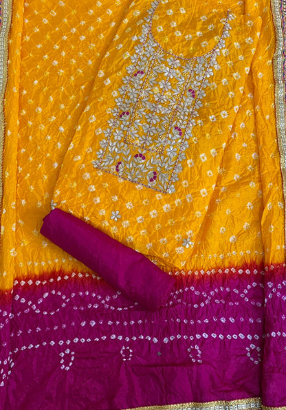 Heavy Silk Bandhej Suit with Gota Patti & Zardozi Work, Silk Dupatta & Bottom