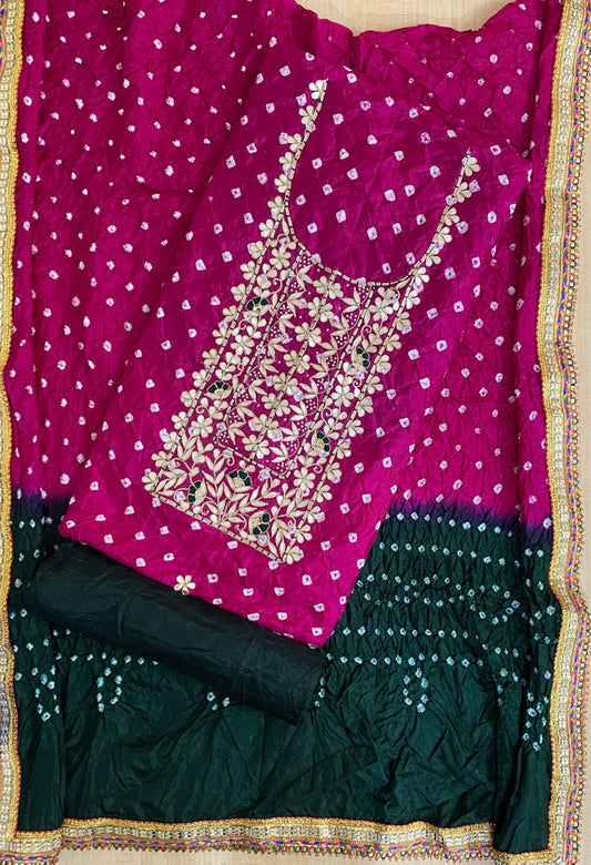 Heavy Silk Bandhej Suit with Gota Patti & Zardozi Work, Silk Dupatta & Bottom