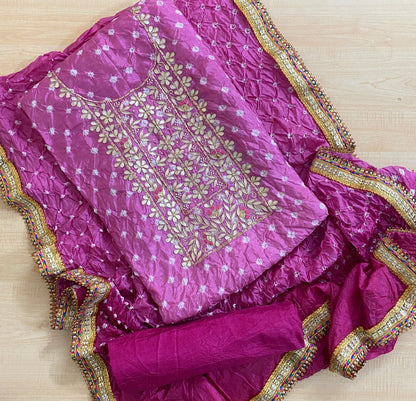 Heavy Silk Bandhej Suit with Gota Patti & Zardozi Work, Silk Dupatta & Bottom
