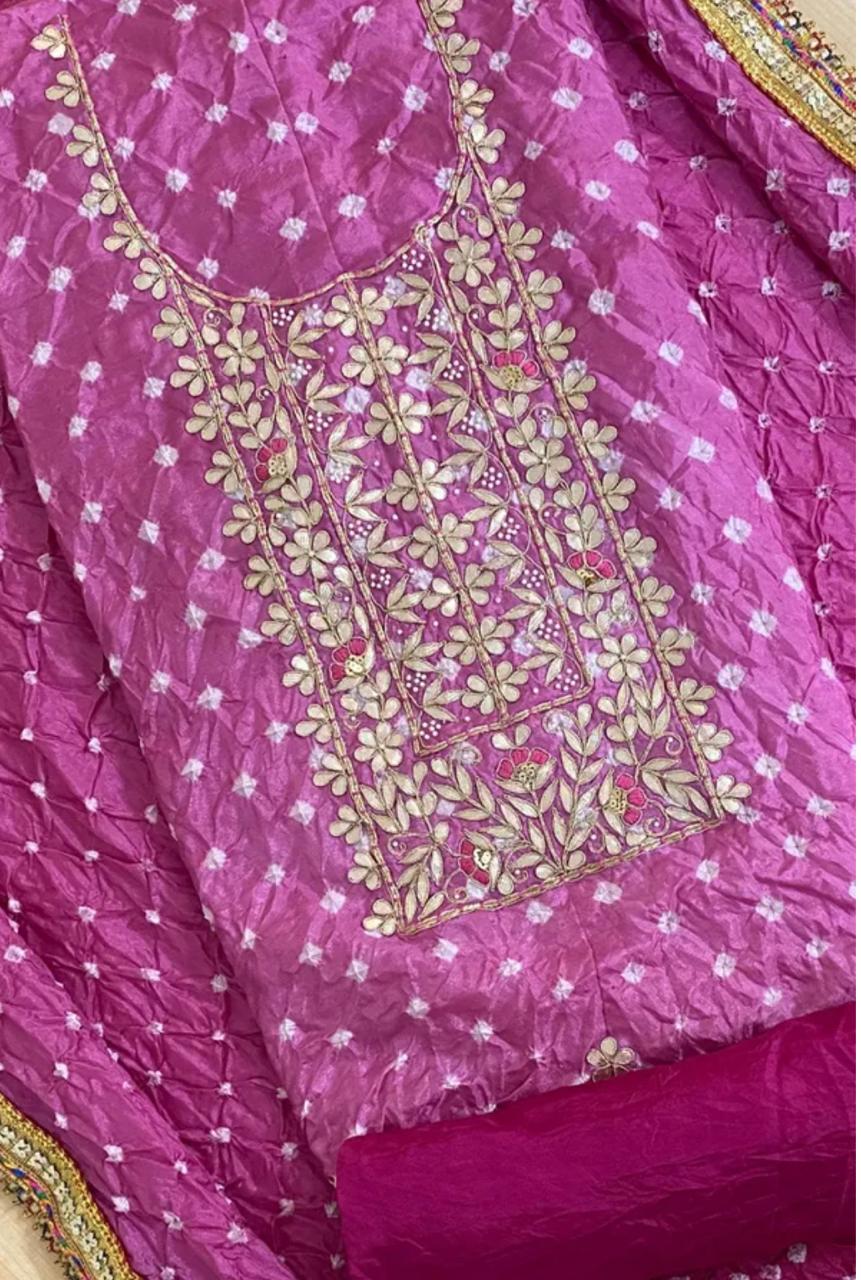 Heavy Silk Bandhej Suit with Gota Patti & Zardozi Work, Silk Dupatta & Bottom