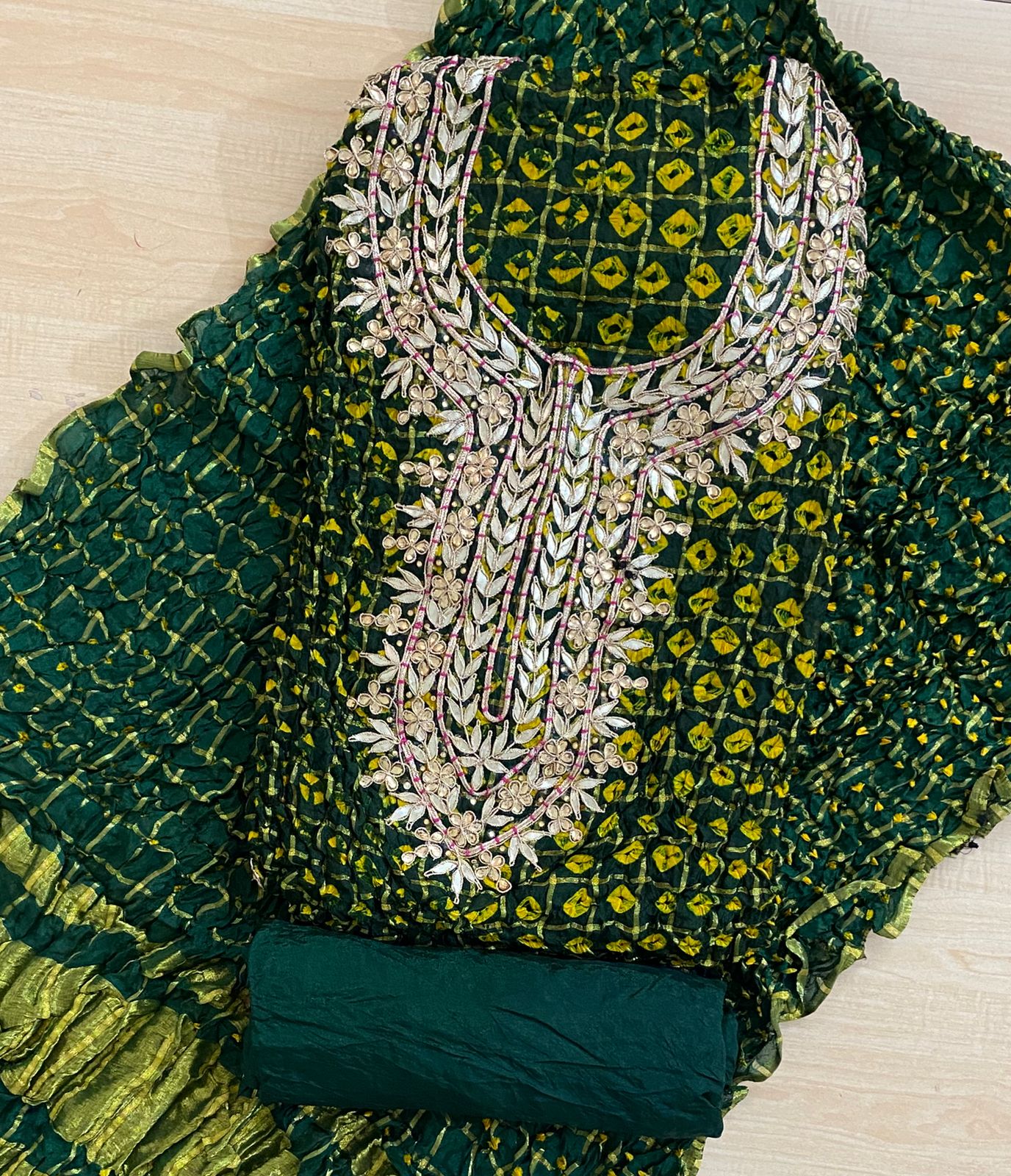 Bandhej Ghadchola Silk Suit with Gota Patti Work, Dupatta & Matching Silk Bottom