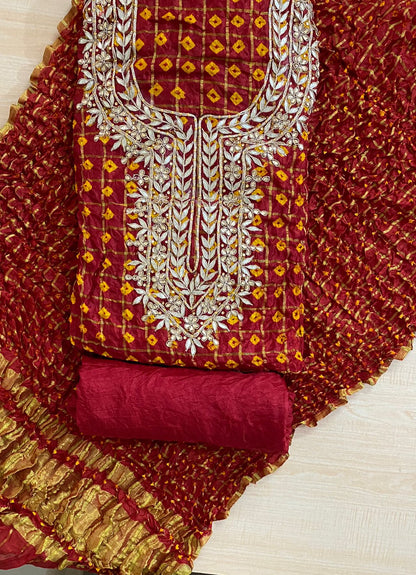 Bandhej Ghadchola Silk Suit with Gota Patti Work, Dupatta & Matching Silk Bottom