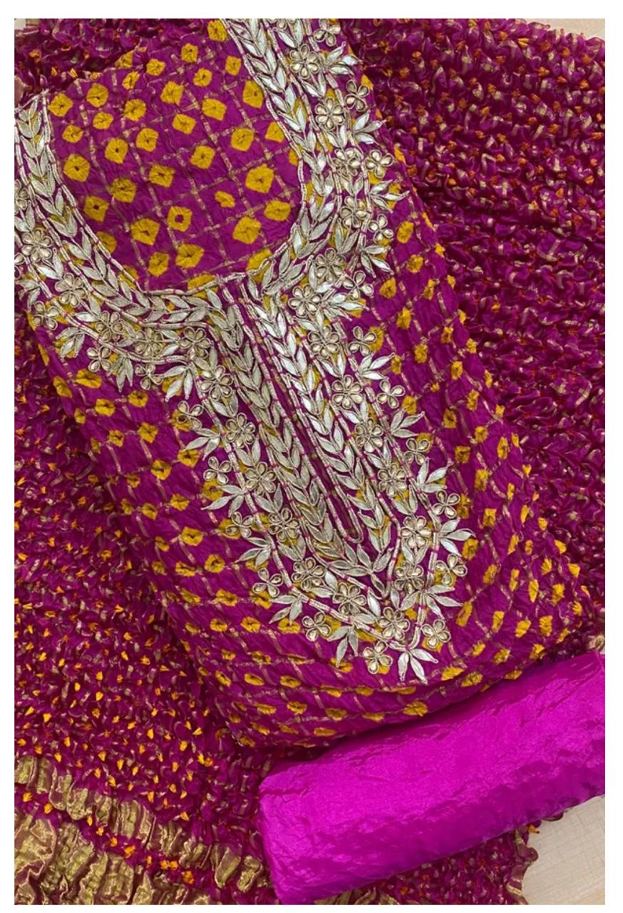 Bandhej Ghadchola Silk Suit with Gota Patti Work, Dupatta & Matching Silk Bottom