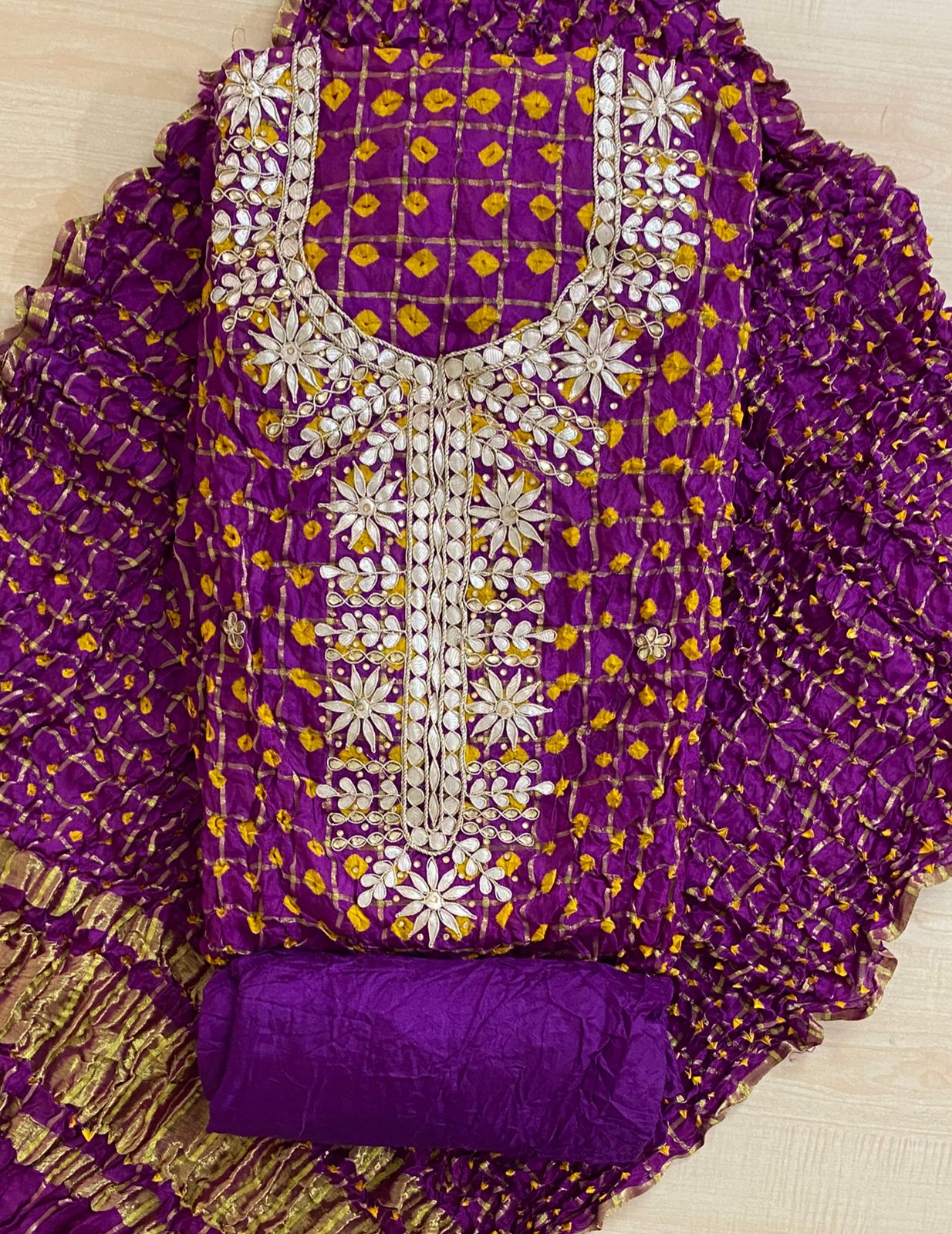 Bandhej Ghadchola Silk Suit with Gota Patti Work, Dupatta & Matching Silk Bottom
