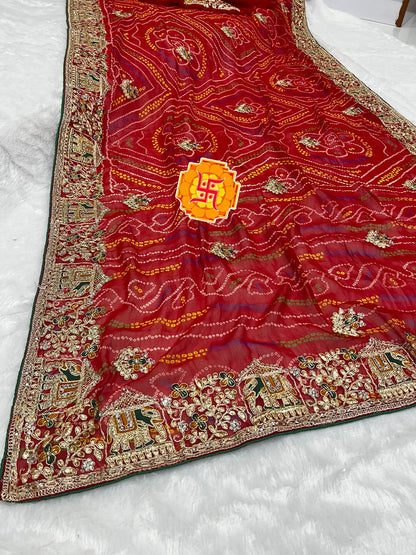 Heavy Georgette Bandhej Saree with Diamond Thread Work & Palkhi C-Pallu Design
