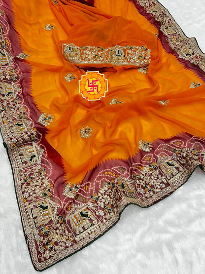 Heavy Georgette Bandhej Saree with Diamond Thread Work & Palkhi C-Pallu Design