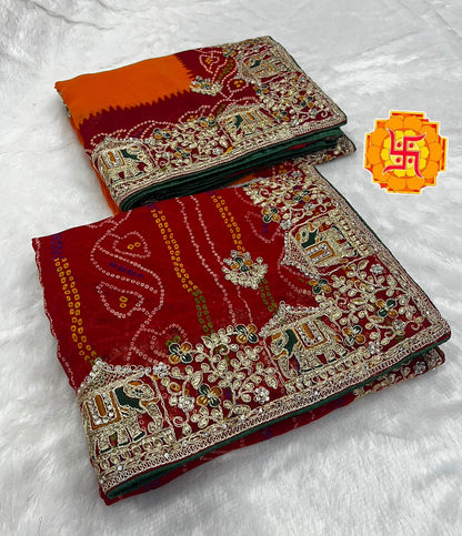 Heavy Georgette Bandhej Saree with Diamond Thread Work & Palkhi C-Pallu Design