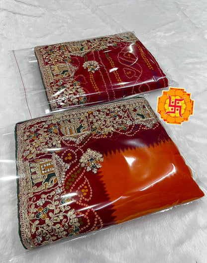 Heavy Georgette Bandhej Saree with Diamond Thread Work & Palkhi C-Pallu Design