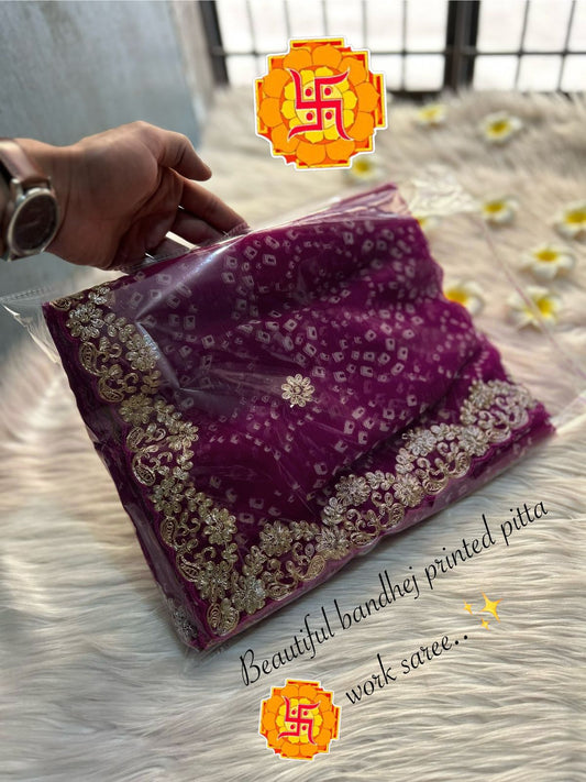 Beautiful Bandhej Pitta Work Saree in Soft Chiffon Georgette with Heavy Banglori Blouse