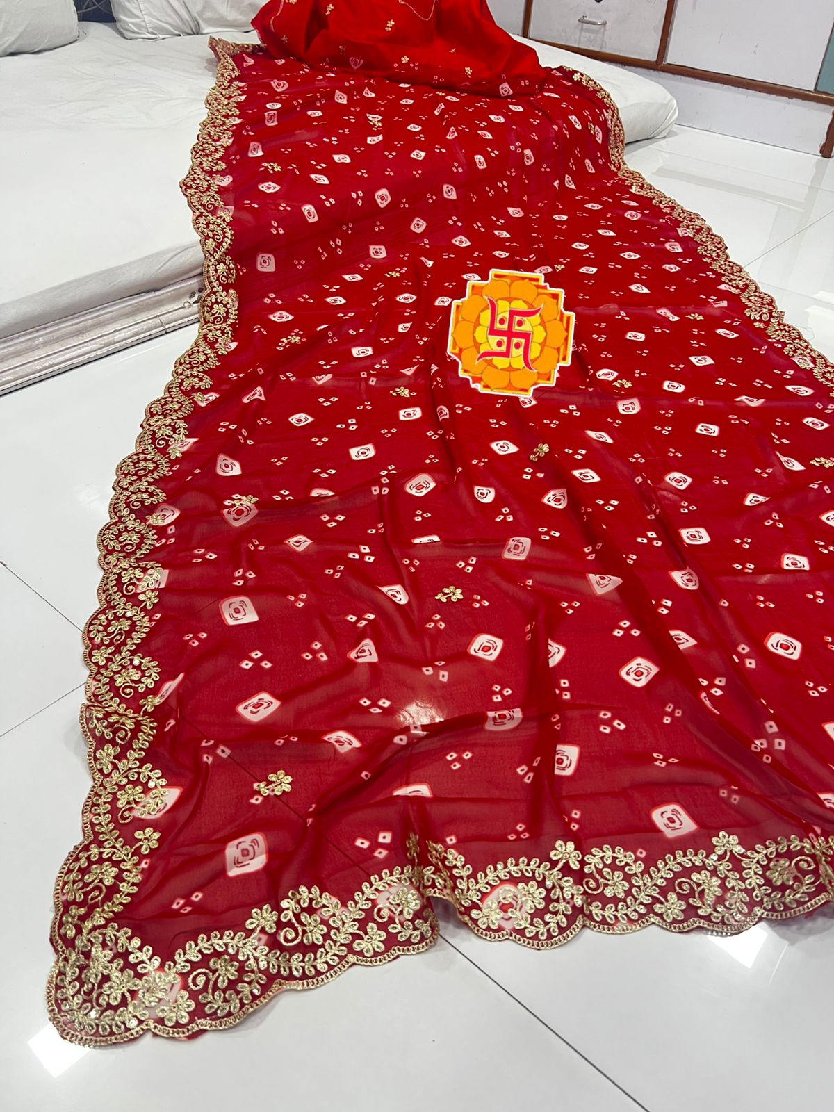 Pure Georgette Leheriya Saree with Original Pita Work & Cutwork Border | Banglori Silk Blouse
