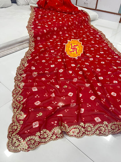 Pure Georgette Leheriya Saree with Original Pita Work & Cutwork Border | Banglori Silk Blouse