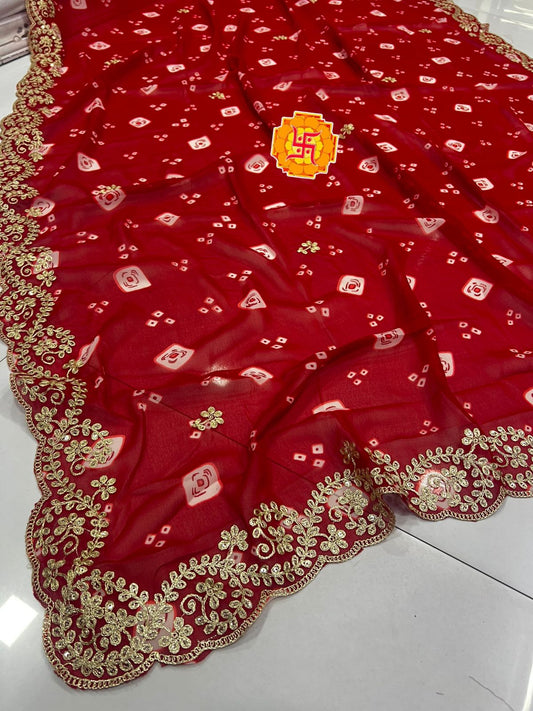 Pure Georgette Leheriya Saree with Original Pita Work & Cutwork Border | Banglori Silk Blouse