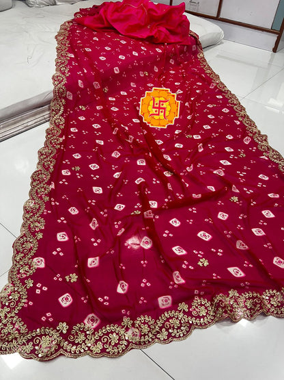 Pure Georgette Leheriya Saree with Original Pita Work & Cutwork Border | Banglori Silk Blouse
