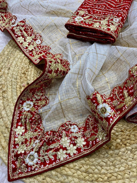 Soft White Kota Doria Gota Patti Saree with Bandhej Design & Sequins Lace | Bandhej Blouse Included