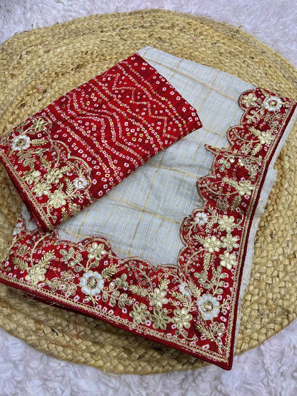 Soft White Kota Doria Gota Patti Saree with Bandhej Design & Sequins Lace | Bandhej Blouse Included