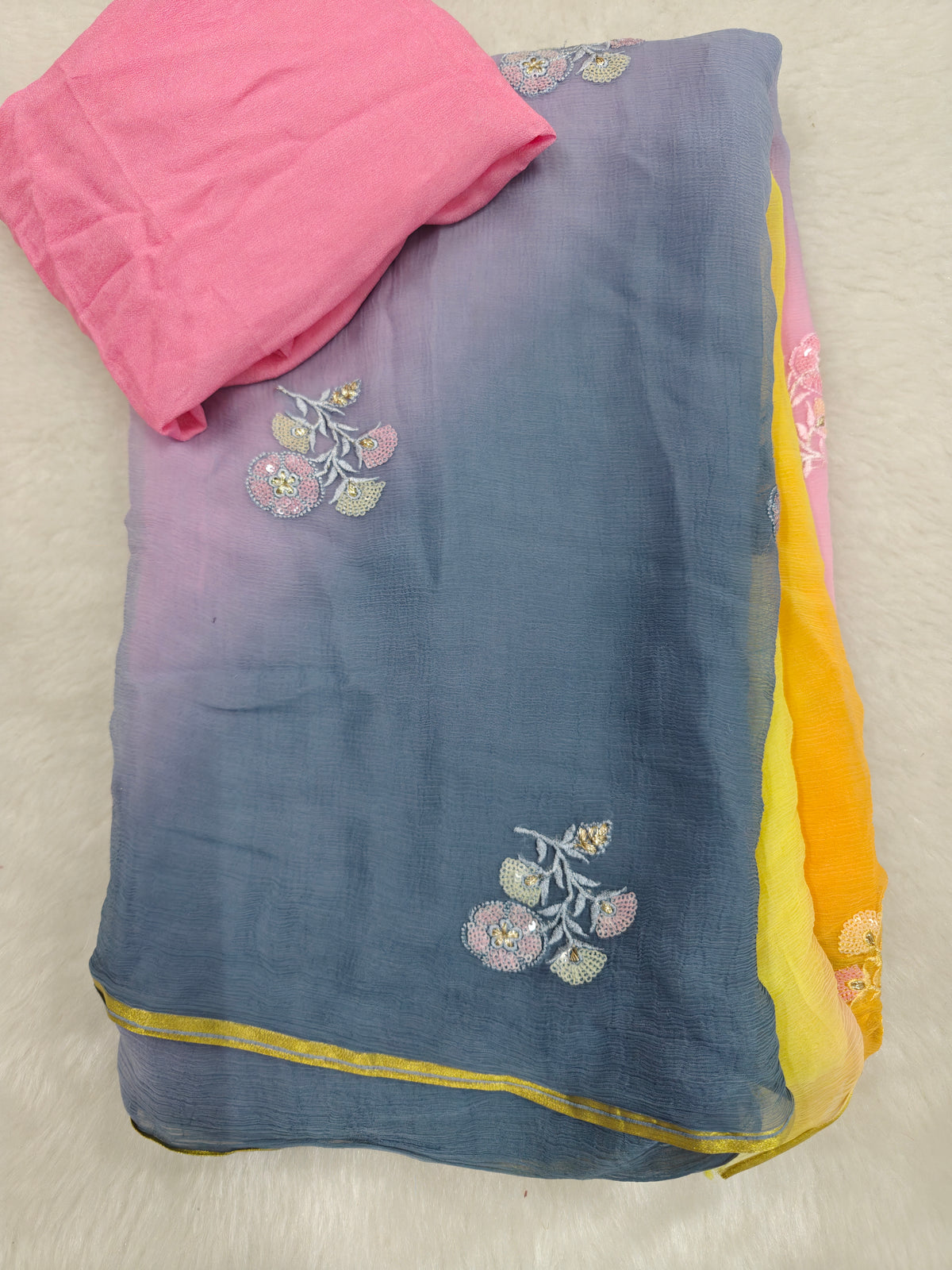 Pure Diamond Chiffon Handwork Saree with Pink & Yellow Border