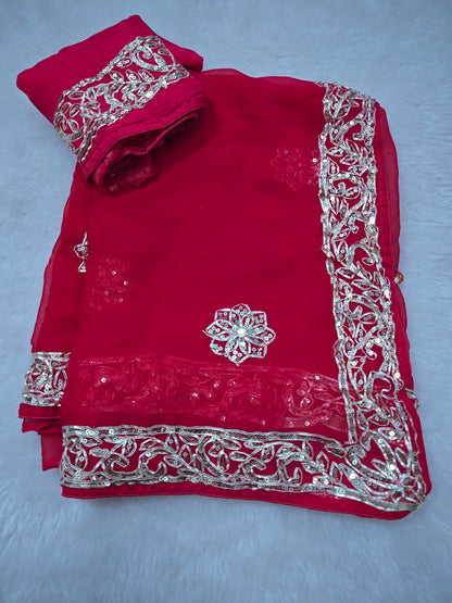 Pure Diamond Chiffon Gota Work Saree with Unstitched Blouse –  Cherry red rani colour