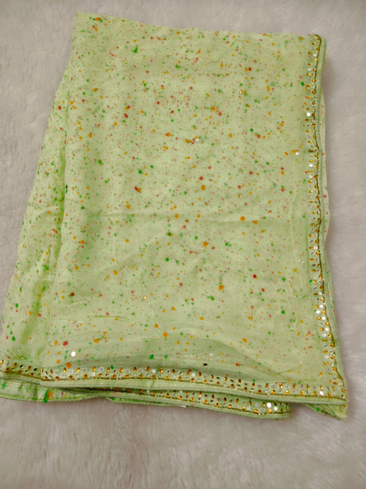 Lemon Green Handwork Chiffon Saree with Unstitched Blouse Piece